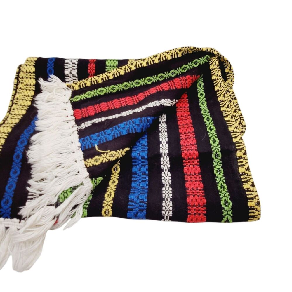 1950s Textile Wrap Vertical Woven Stripes Black Background Fringe Ends 68" x 12"